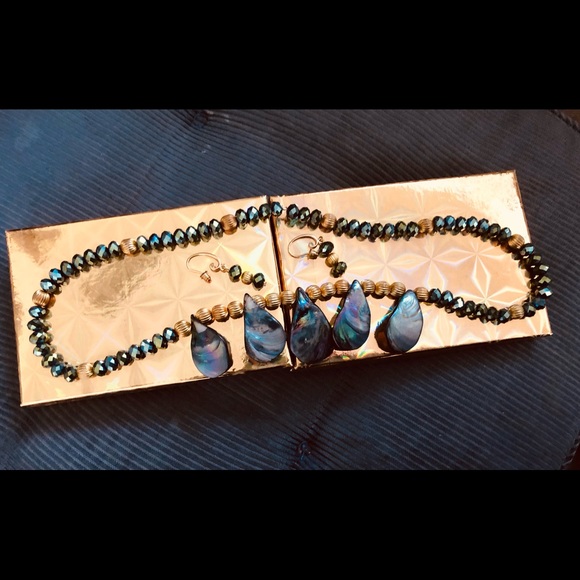 VTG  ABALONE NECKLACE W/ GOLD & GLASS FACETED BEADS 22" & MATCHING EARRINGS SET - Picture 14 of 17